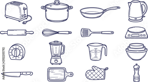 Vintage Kitchen Utensils Collection Featuring Cookware Bakeware Small Appliances Measuring Tools and Hand Drawn Cooking Equipment Illustrations