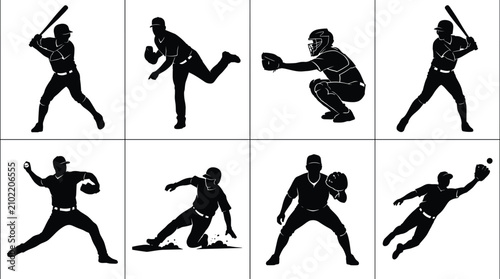Photos Baseball players black silhouettes set featuring batter pitcher catcher infielde