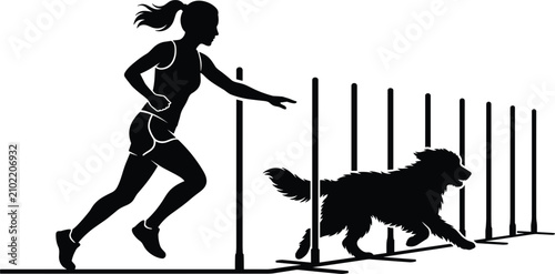 Quadro su tela Dog agility training silhouette showing female handler running with active canin