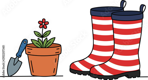Bilde på lerret Patriotic gardening set with red and white striped rubber boots terra cotta flow