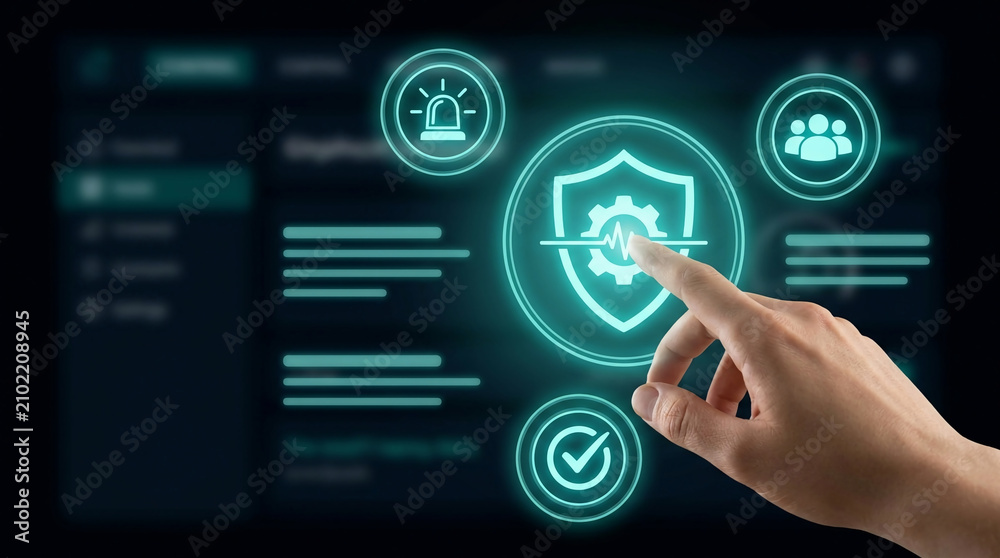Fototapeta premium Cybersecurity and Data Protection Concept with Businessman Hand Touching Digital Shield Interface Hologram for Secure Network Access and Safety