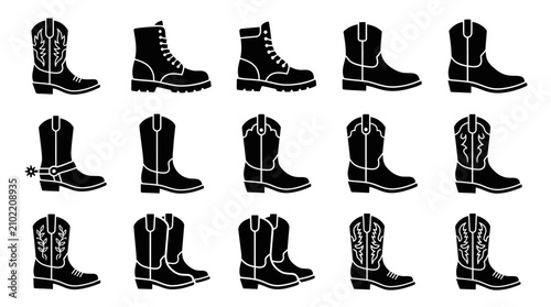 Bild auf Leinwand Western cowboy boots silhouette icons set