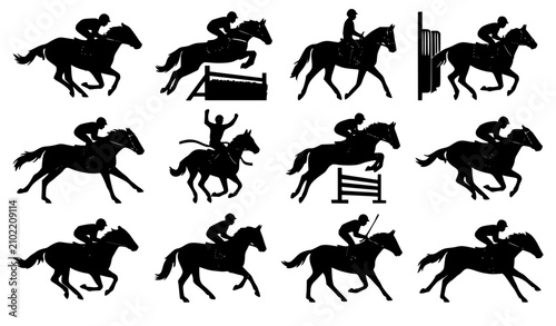 Slika na platnu Horse and jockey silhouette collection with racing poses isolated on white backg