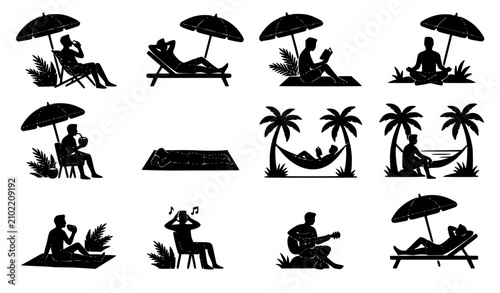 Foto Tropical island vacation silhouette collection with man relaxing under beach umb