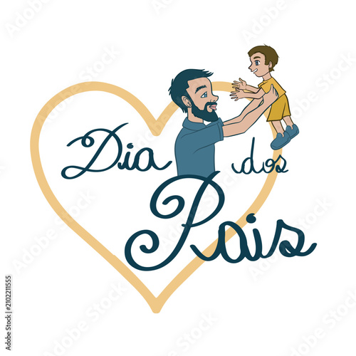 Father's Day celebration with father and son. Banner with a heart and lettering. Transparent background.