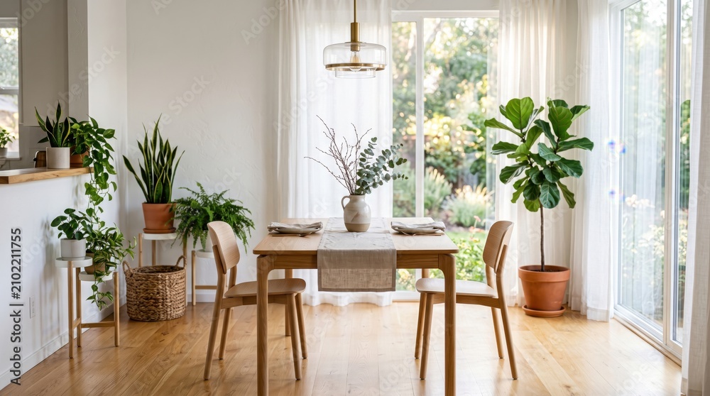 Fototapeta premium Dining area with wooden table and two chairs surrounded by various indoor potted plants including a fiddle leaf fig and snake plant in a sunlit room with white walls and hardwood flooring