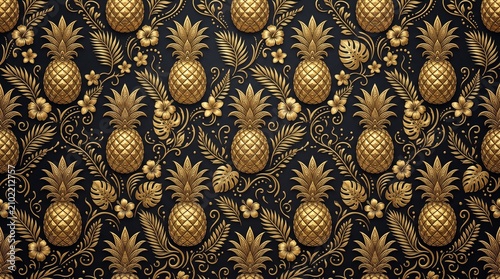 Hawaiian pattern gold pineapple botanical illustration on black background with hawaiian pineapple botanical tropical