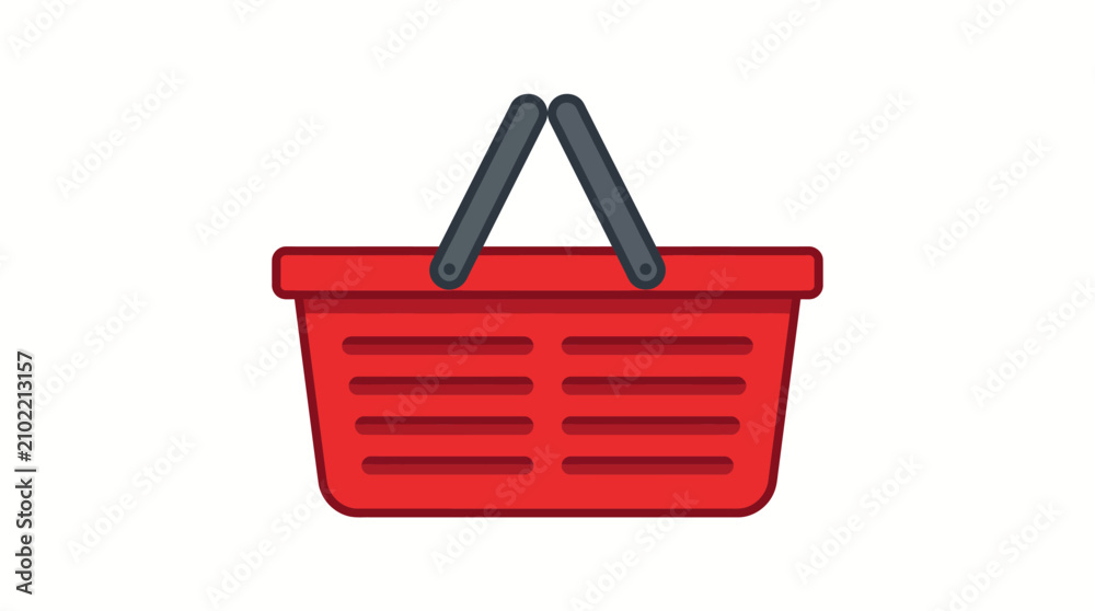 Fototapeta premium Bright red shopping basket with blue handles isolated on white background.