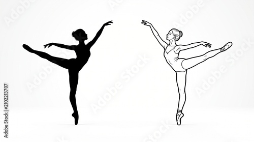 Ballet Dancer Arabesque Pose Set, Silhouette and Line Art Illustration