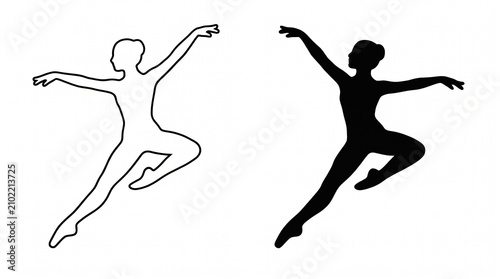 Ballet Dancer Leap Pose Duo, Line Art and Silhouette Illustration Set