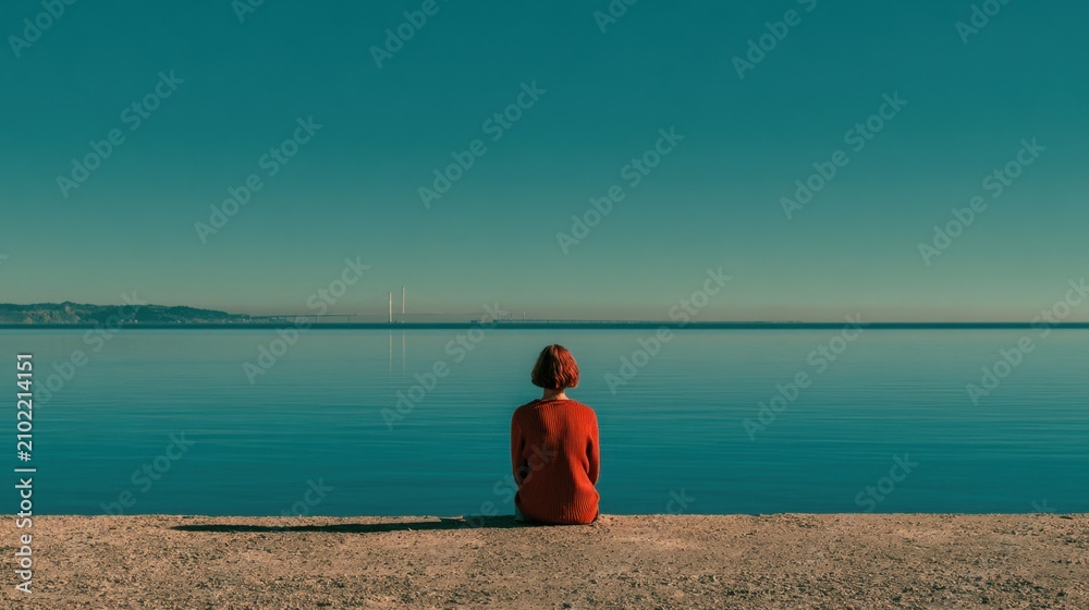 Naklejka premium Back View Woman Short Red Hair Orange Knit Sweater Sitting Alone Gravel Shore Calm Turquoise Sea Distant Suspension Bridge Coastal Hills Clear Teal Sky Long Shadow Minimalist Symmetrical Quiet Lonely