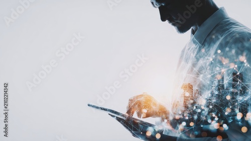 Man using tablet digital network overlay