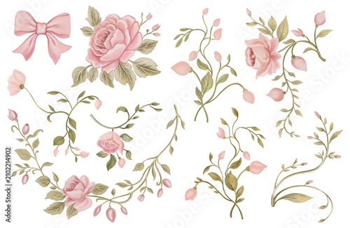 Hand-painted watercolor floral clipart set featuring green leafy branches, pink roses, and a pink ribbon bow. Perfect for wedding stationery, invitations, branding, scrapbooking, packaging, printing