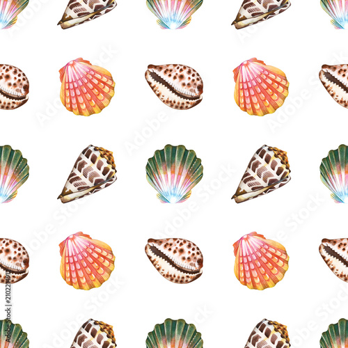 Hand-painted seamless watercolor pattern with colorful seashells. Perfect for fabric, wallpaper, wrapping paper, stationery, packaging, beach-themed decor, and coastal surface pattern design.