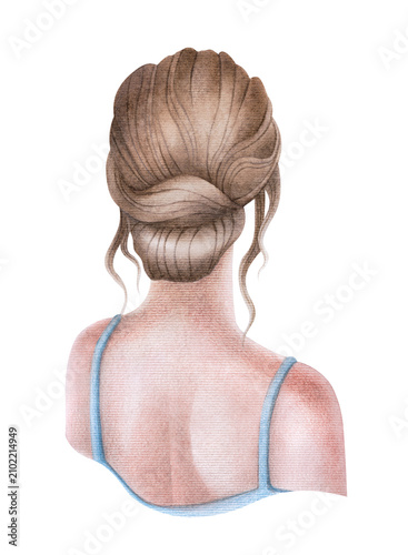 Hand-painted watercolor illustration of a woman from the back with an elegant braided updo. Perfect for beauty branding, hair styling, fashion, cosmetics, wellness, spa, greeting cards