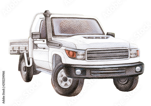Hand-painted watercolor illustration of a white utility truck (ute). Perfect for transportation, construction, agriculture, fleet branding, commercial vehicles, and educational materials