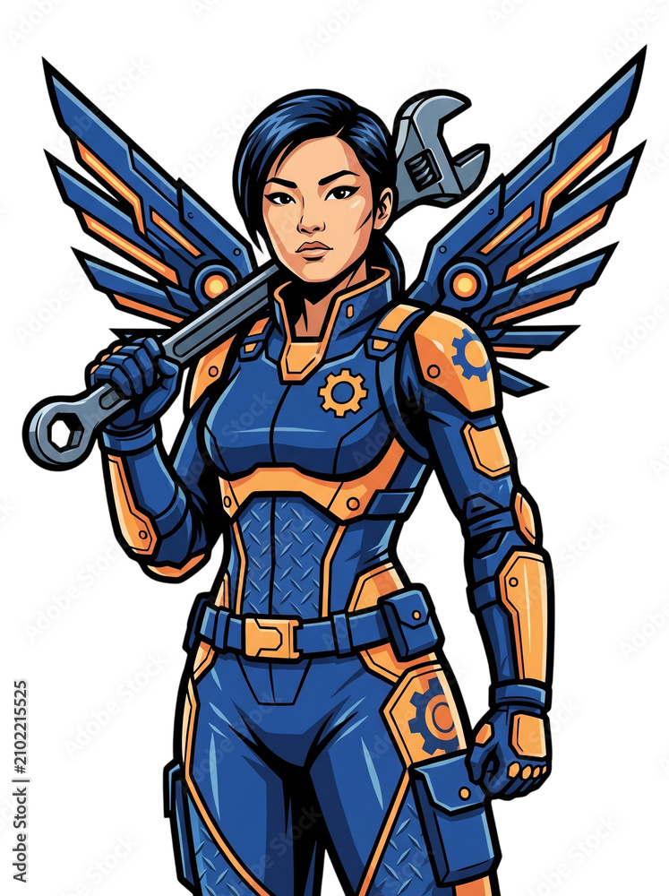 Obraz premium Female engineer in cool suit with wrench