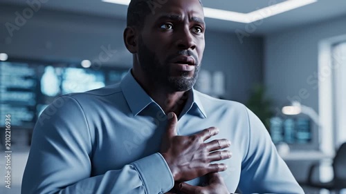 Man feeling chest pain, anxiety, stress, or heart attack in office setting