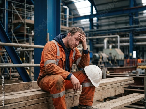 Stressed construction worker in orange coveralls sitting on wooden beams inside a large industrial factory with blue steel beams and scaffolding in the background