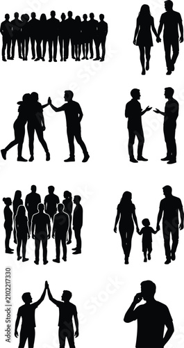 Silhouette illustration of people in social activities including communication, teamwork, and everyday interaction
