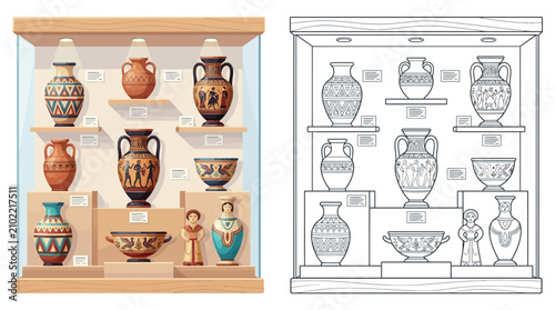 Photos Ancient Greek pottery and artifacts displayed in a museum showcase