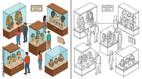 Obraz na płótnie People Viewing Ancient Egyptian Artifacts in Museum Display Cases, Isometric Vie