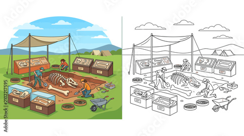 Foto Paleontology dig site with dinosaur skeleton excavation and display cases