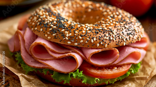 Close up of ham and tomato sandwich on sesame bagel with sandwich breakfast delicious