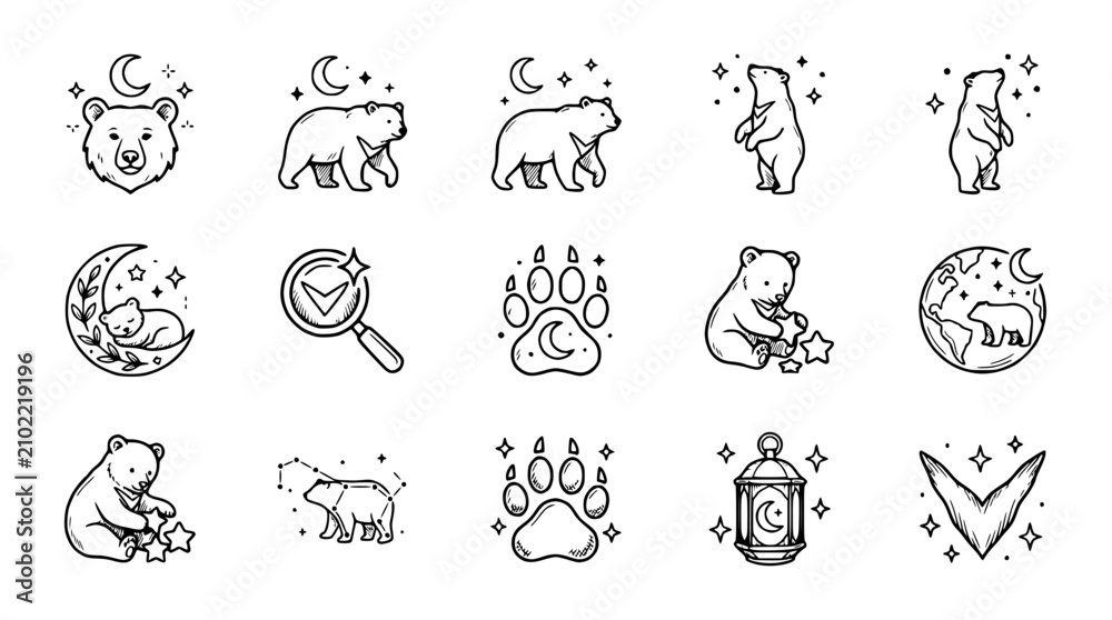 Obraz premium Cute Bear Icons Set: Night, Stars, Nature, Paw Prints, Lantern, Earth, Zodiac