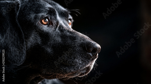 Portrait of a black labrador retriever dog looking away on dark background with labrador