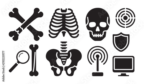 Medical orthopedics and bone health icons set with skull ribcage pelvis and diagnostic equipment silhouettes.