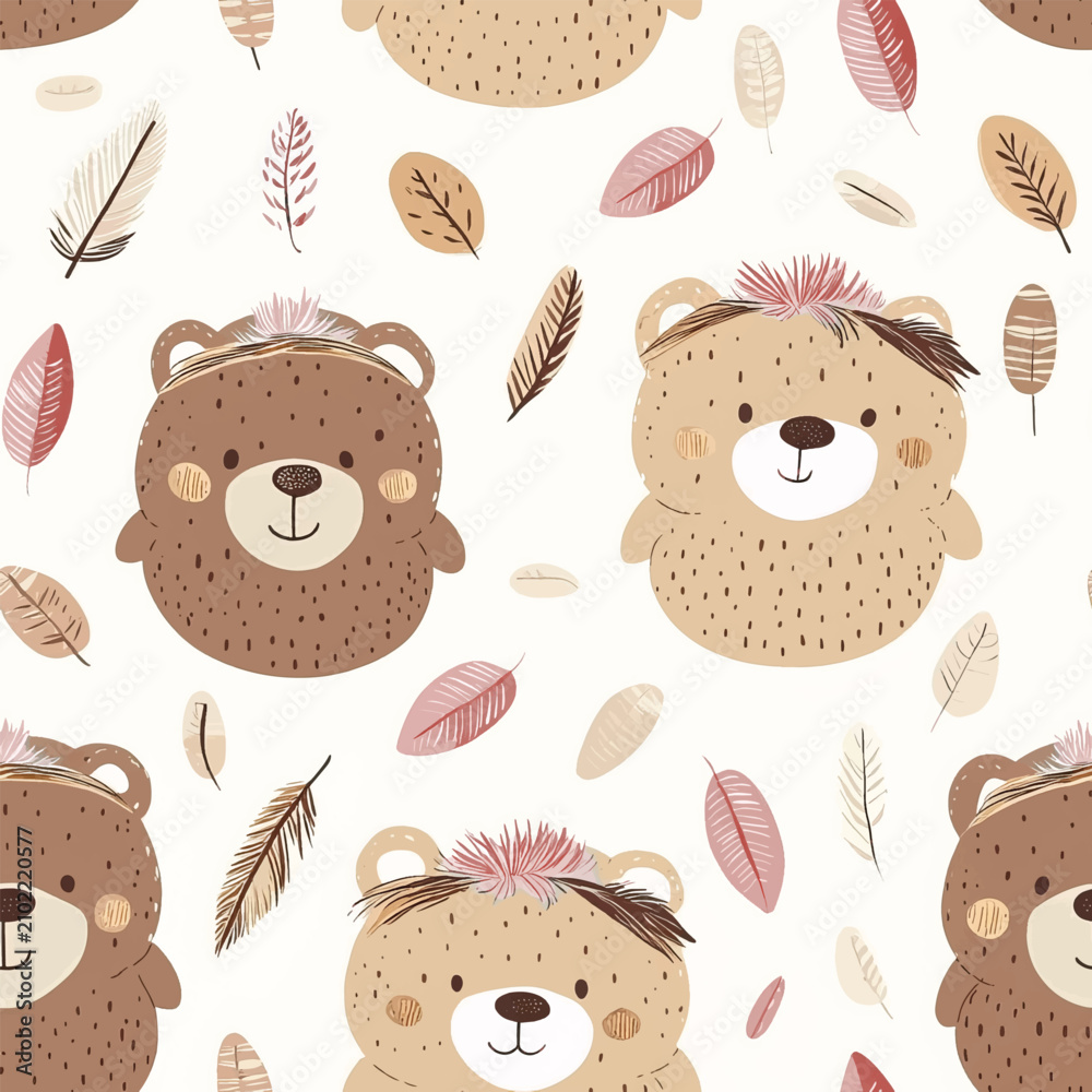 Obraz premium Cute Bear and Feather Seamless Pattern Background