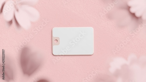 Empty badge on pink backdrop, overhead view. Design mockup.
