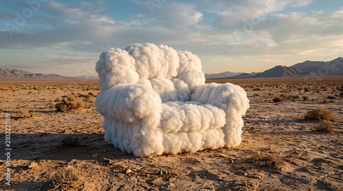 Surreal armchair made of white fluffy clouds sitting in a vast dry desert landscape