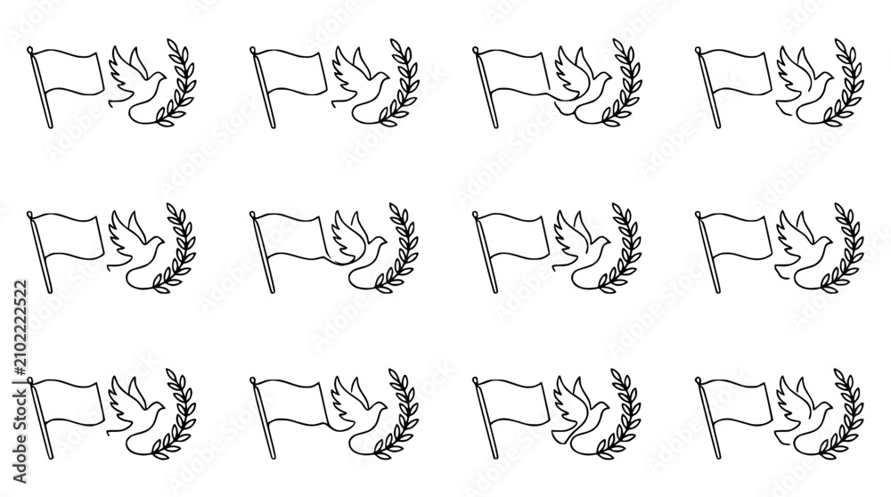 Fototapeta premium Peace symbol pattern: dove, laurel wreath, and flag outline, vector illustration
