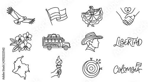 Fotografie Colombia Icons Set: Condor, Flag, Dancer, Hands, Orchid, Bus, Cowboy, Liberty, M