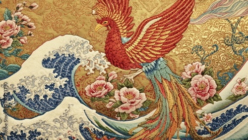 Detailed textile art showcasing a vibrant phoenix among swirling clouds and flowers, set on waves with intricate patterns.