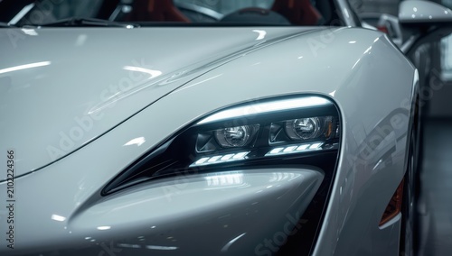 Detailed view of the BI-LED headlights on a contemporary white vehicle. Front close-up of the car's headlights. BI-LED lights on a luxury white sports car.