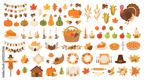 Extensive Autumn Harvest and Thanksgiving Vector Set with Pumpkins, Leaves, Turkey, Pies, and Decorative Holiday Elements for Seasonal Design