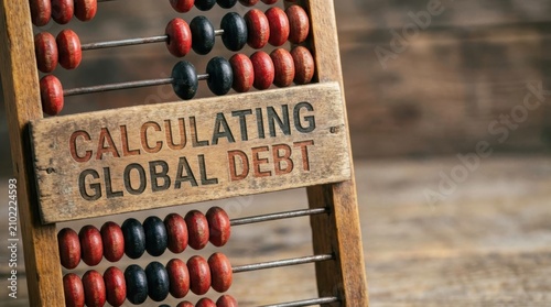 Global Debt Levels Concepts. Wooden abacus with red and black beads displaying calculating global debt concept business financial analysis board vintage tool