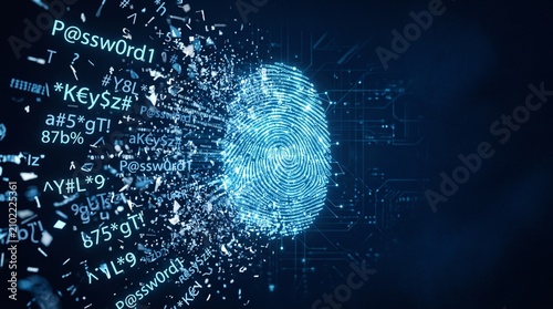 Digital fingerprint authentication with password data and cybersecurity concept on futuristic technology background