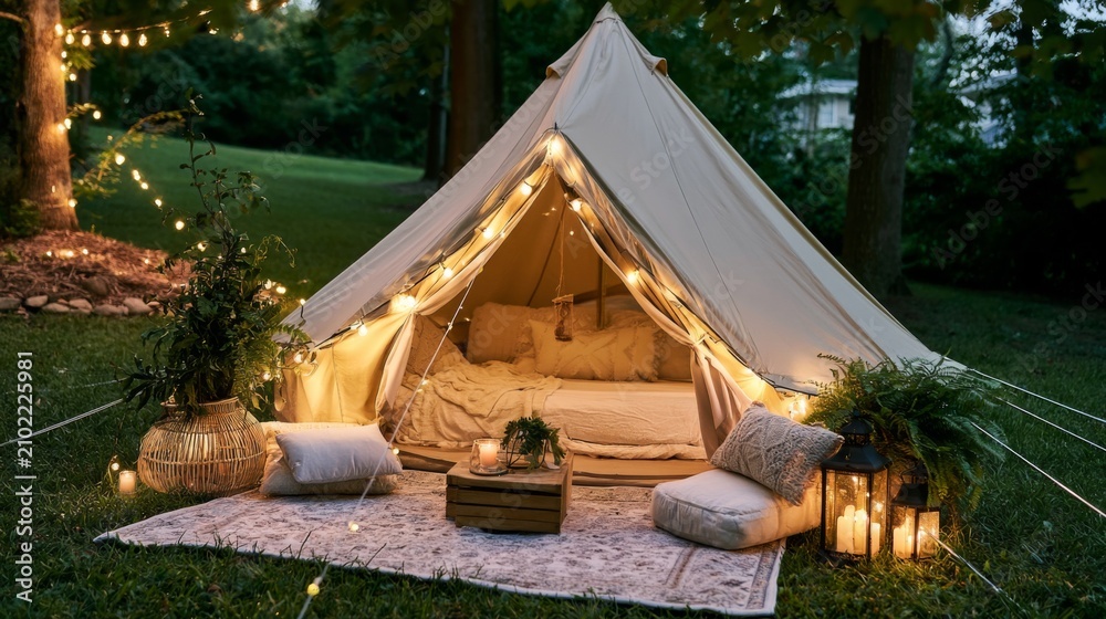 Fototapeta premium Cozy and Inviting Outdoor Glamping Tent Decorated with Fairy Lights and Soft Furnishings in a Serene Garden Setting