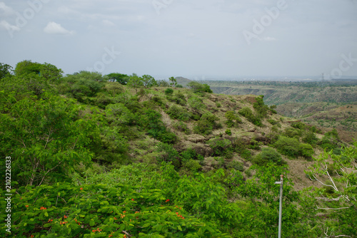 Obraz na płótnie Hilltop ravine view with orange gulmohar blossoms and ruined fort walls