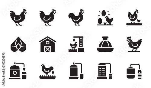 Fotografie Poultry farming equipment icons showing chicken breeding egg production and automatic feeding systems design
