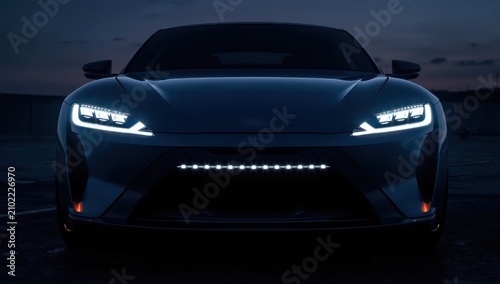 Full LED front light for cars. Illuminated luxury car lights. Blinker light. Contemporary headlamp with continuous blinking indicator.