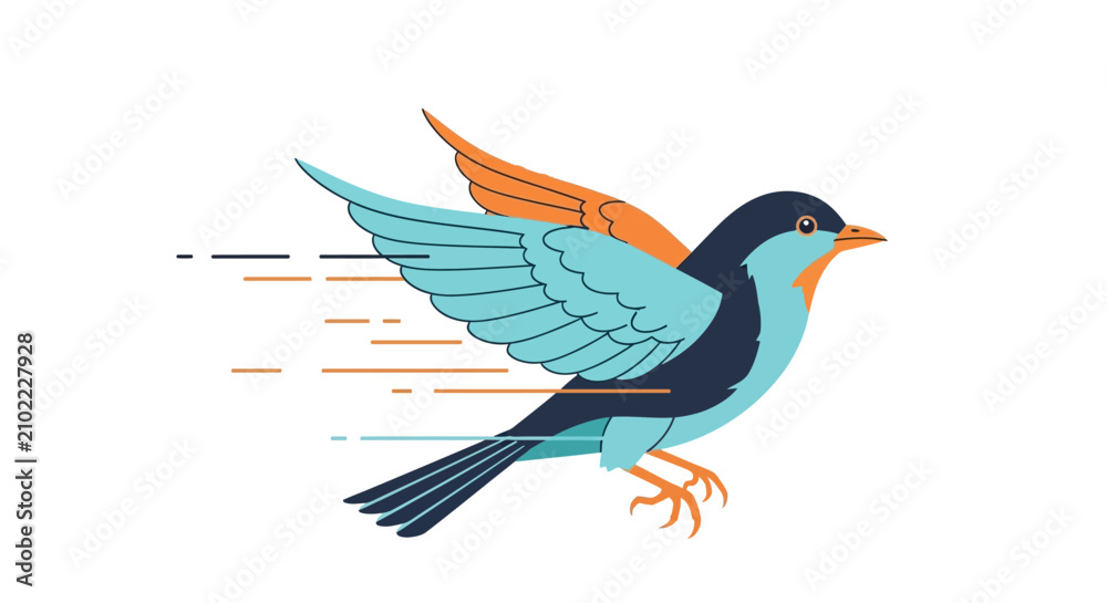 Fototapeta premium Stylized flat vector illustration of a fast flying bird with blue and orange wings isolated on a white background