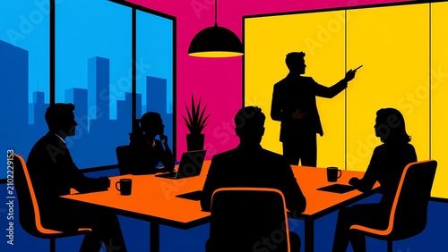 Silhouetted Business Meeting in Modern Conference Room