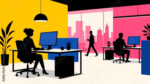 Minimal Office Workers in Bold Pop Art Workspace