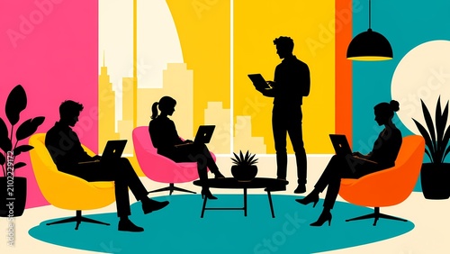Modern Office Lounge with Silhouetted Remote Workers