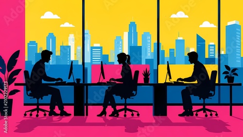 Silhouetted Employees Working Beside City Windows